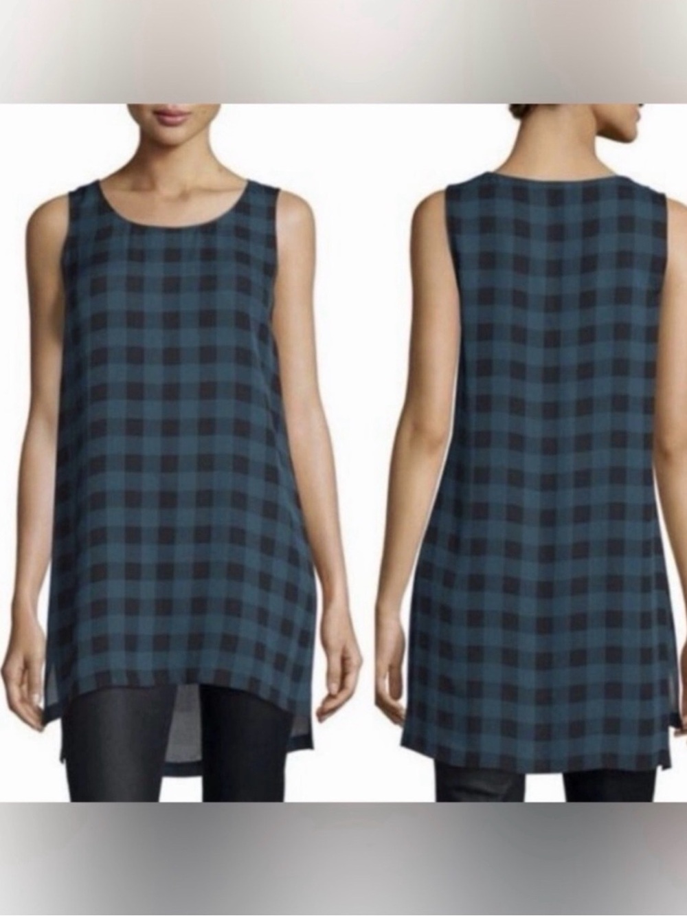 Eileen Fisher Silk Sleeveless Plaid Tunic - Blue and Black